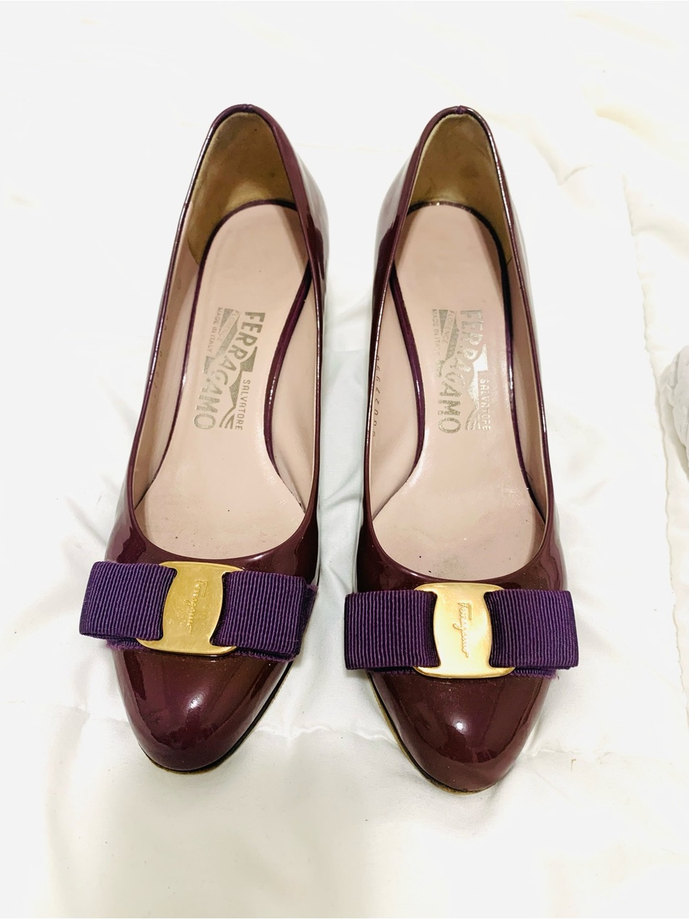 Salvatore Ferragamo Burgundy Patent Leather Pumps with Purple Grosgrain Bow